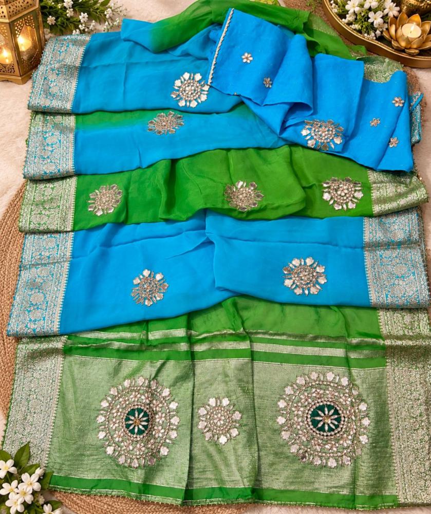 Pure HO Silk Handwork Saree with Multicolor Shaded Zari and Upada Blouse