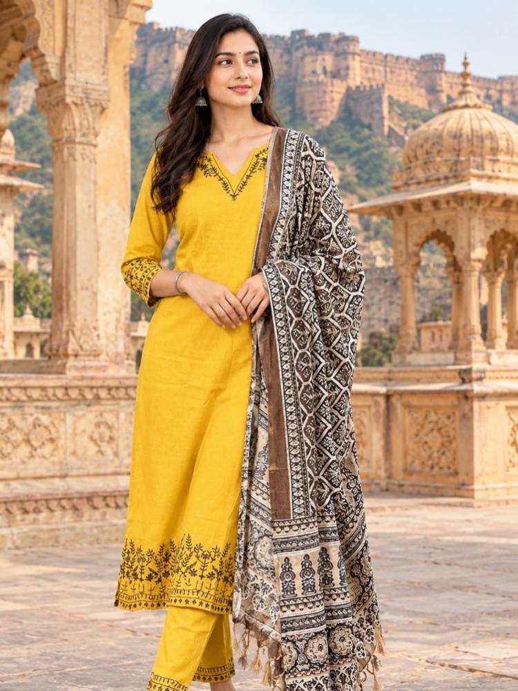 Mustard Yellow Printed Cotton Kurta Set