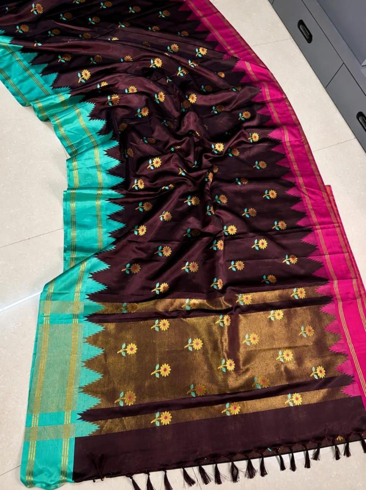 Semi Katan Silk Saree with Floral Butti & Contrast Border.