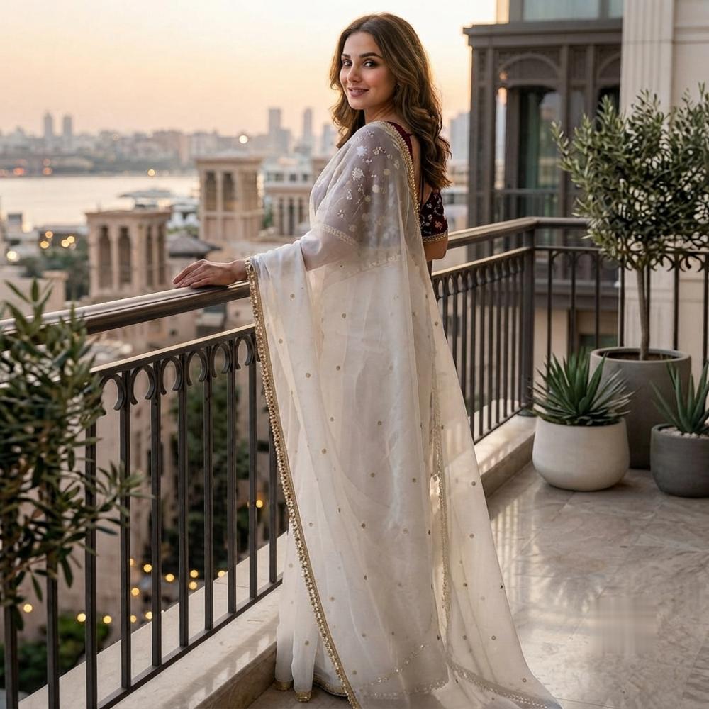 Soft Space Silk Saree with Sequins and Mirror Lace