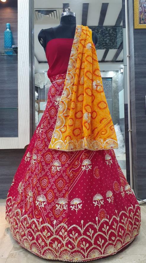 Georgette Rai Bhandej Semi-Stitched Lehenga with Gota Patti Work!
