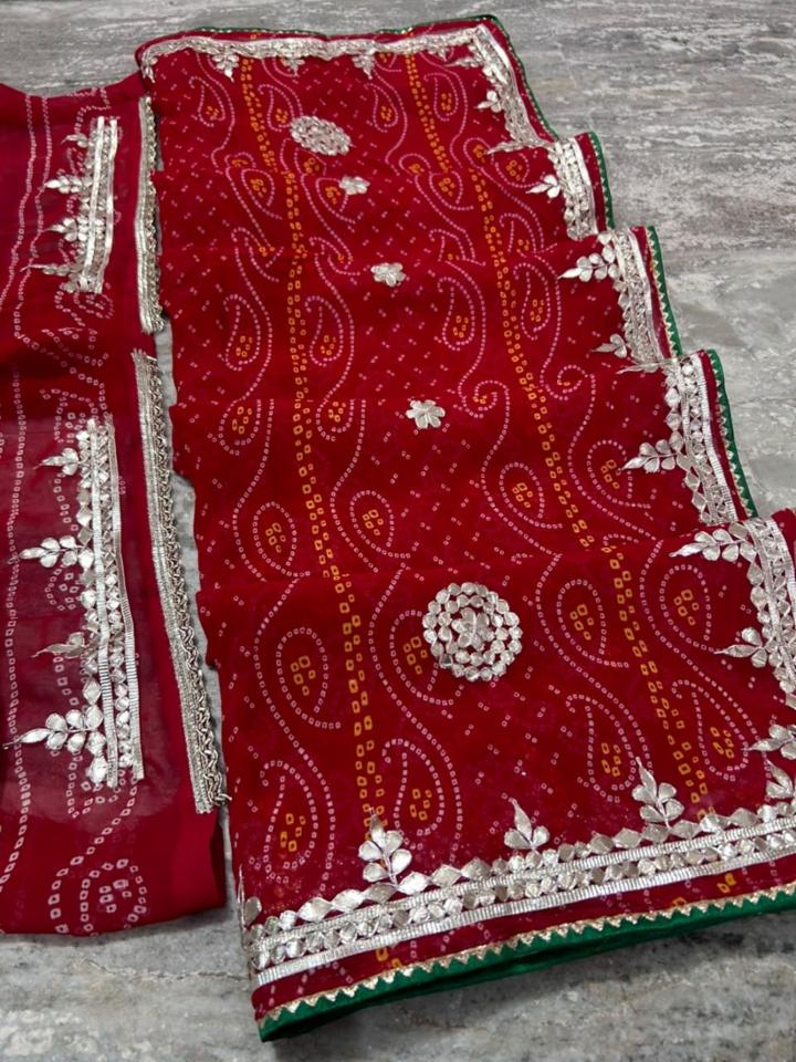 Pure Georgette Viscose Chunri Print Saree with Gota Patti Work