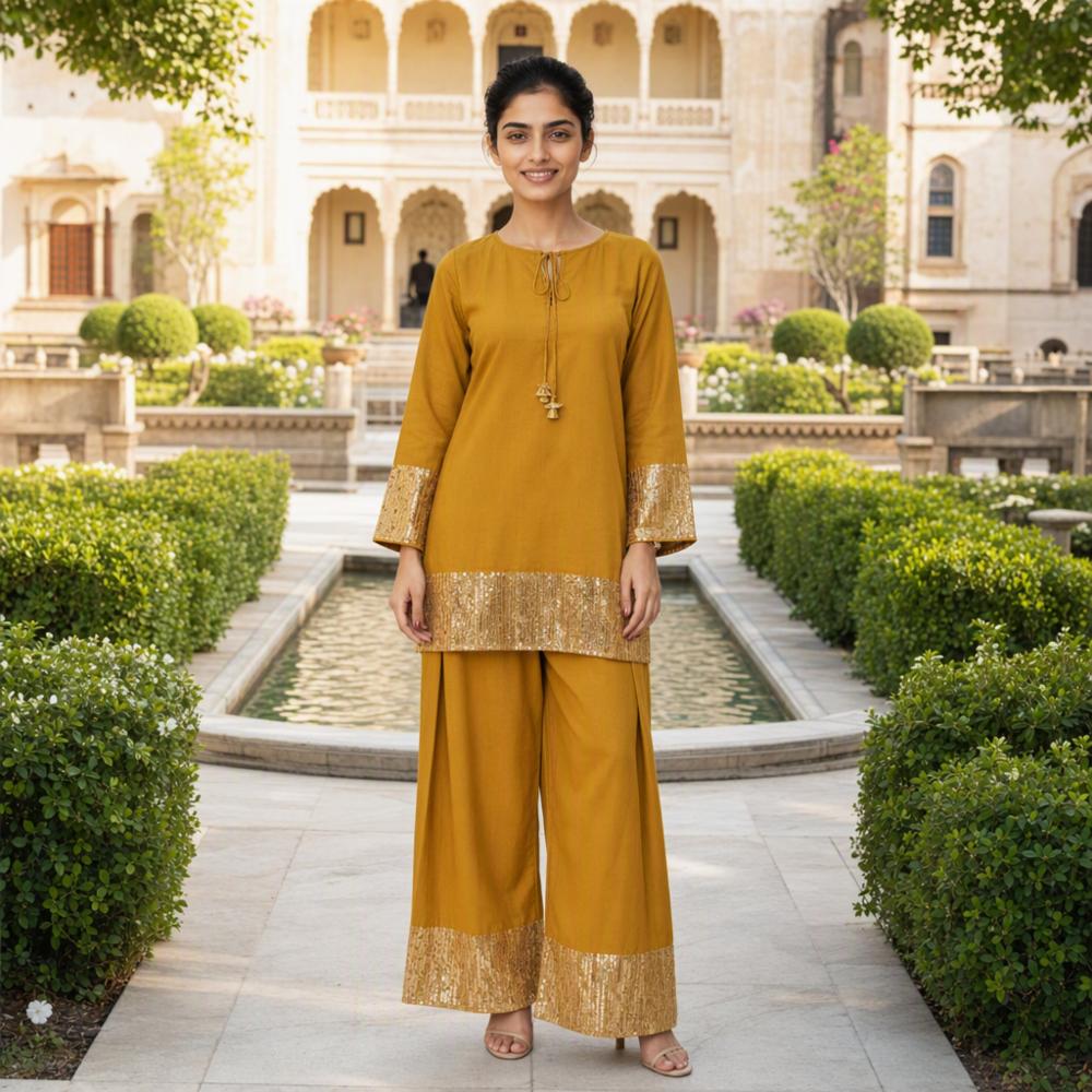 Mustard Yellow Viscose Silk Kurta with Farsi Salwar Set