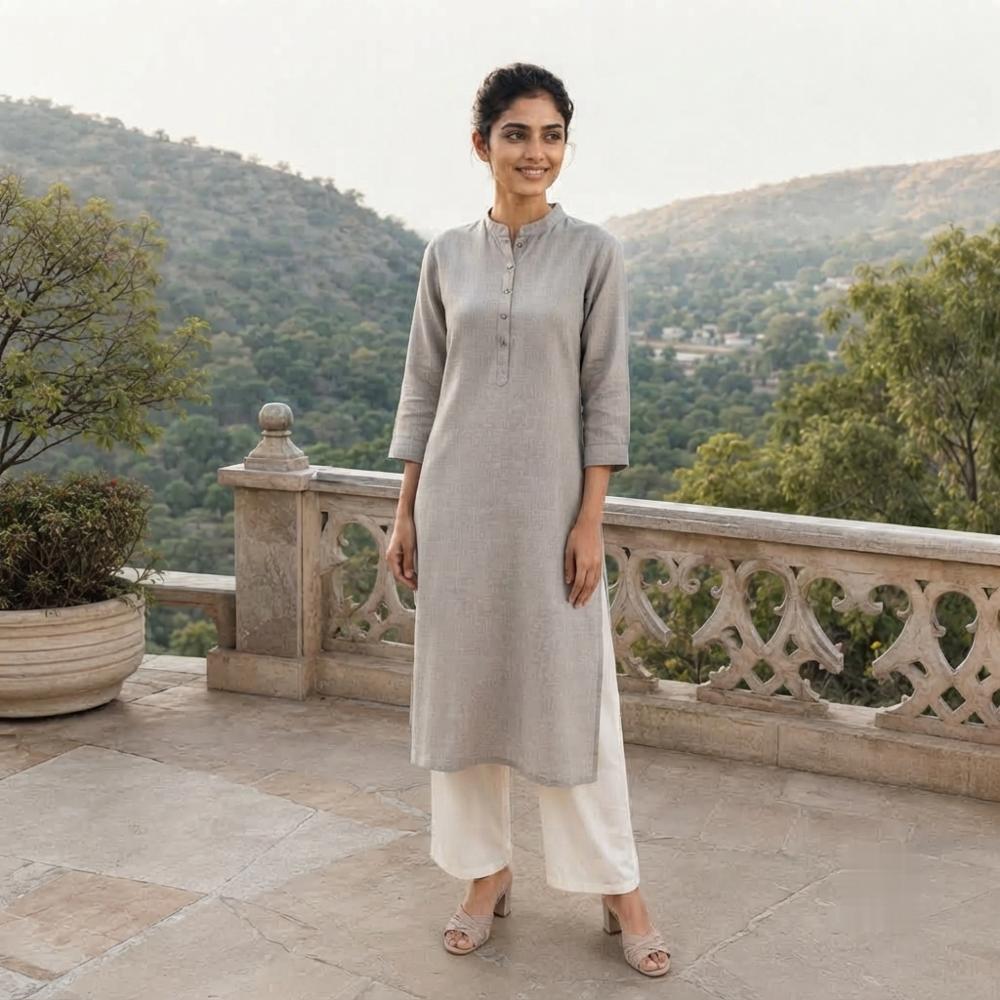 Calki Women Khadi Kurta and Rayon Pant Set