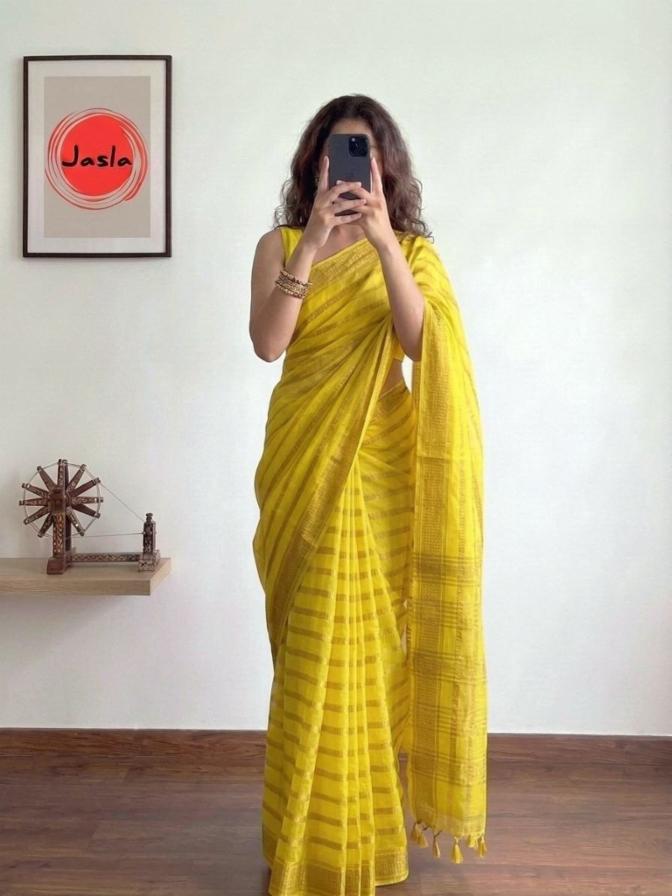 Sunshine Yellow Organza Saree with Elegant Striped Weave & Designer Border