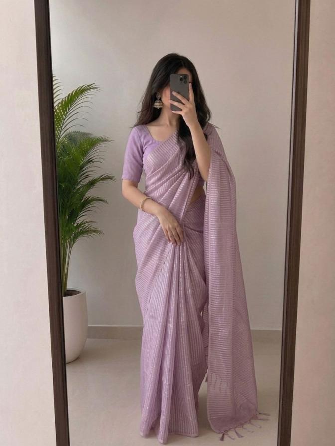 Women's Light Purple Viscose Saree with Silver Metallic Stripes & Matching Blouse Piece