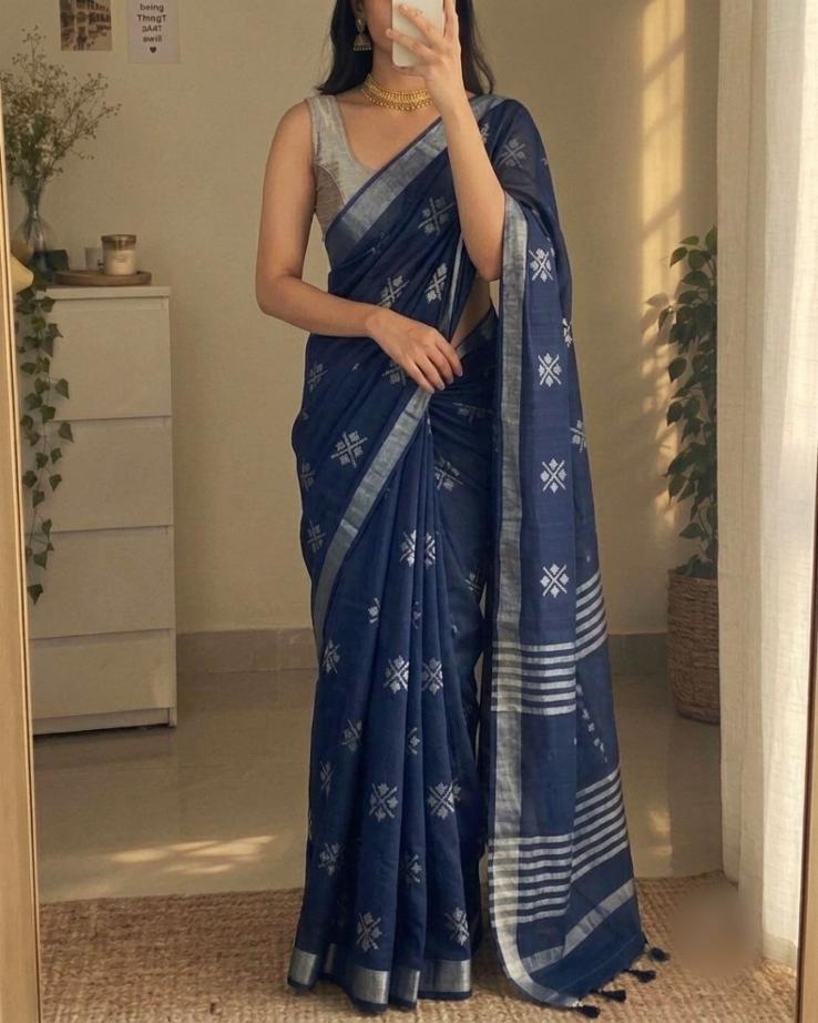 Women's Navy Blue Khadi Silk Saree with Silver Zari Border, Geometric Buttis & Tassels