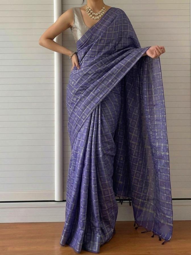 Women's Royal Blue-Purple Khadi Cotton Silk Handloom Saree