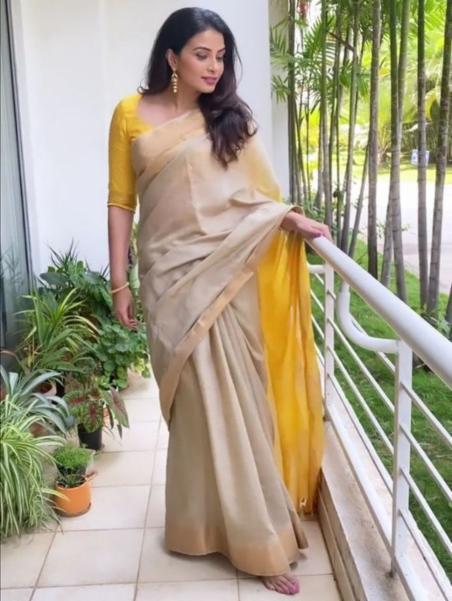 Women's Beige & Yellow Half-and-Half Style Viscose Silk Saree with Gold Zari Border