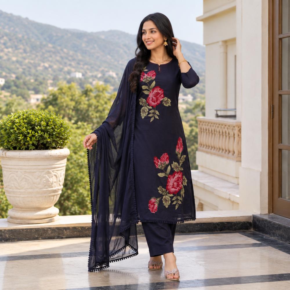 Mul Cotton A-line Kurta Set with Cross-Stitch Embroidery, Pants and Dupatta