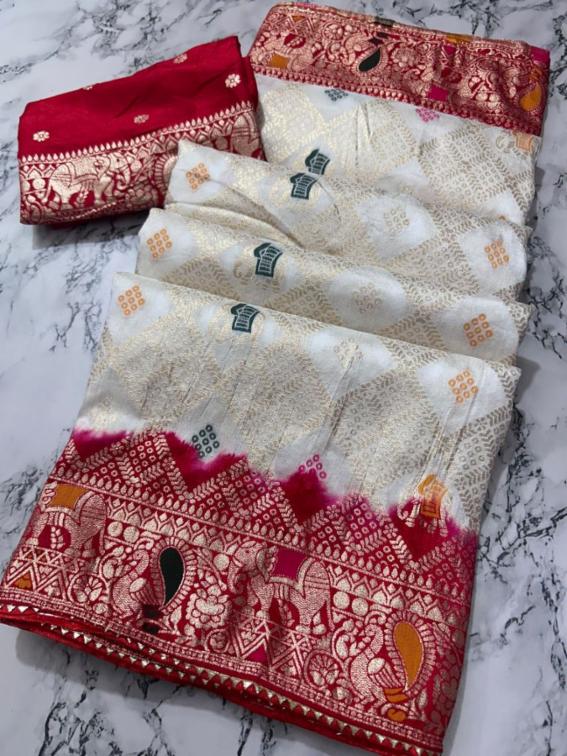 Red and White Dola Silk Zari Saree with Blouse Piece