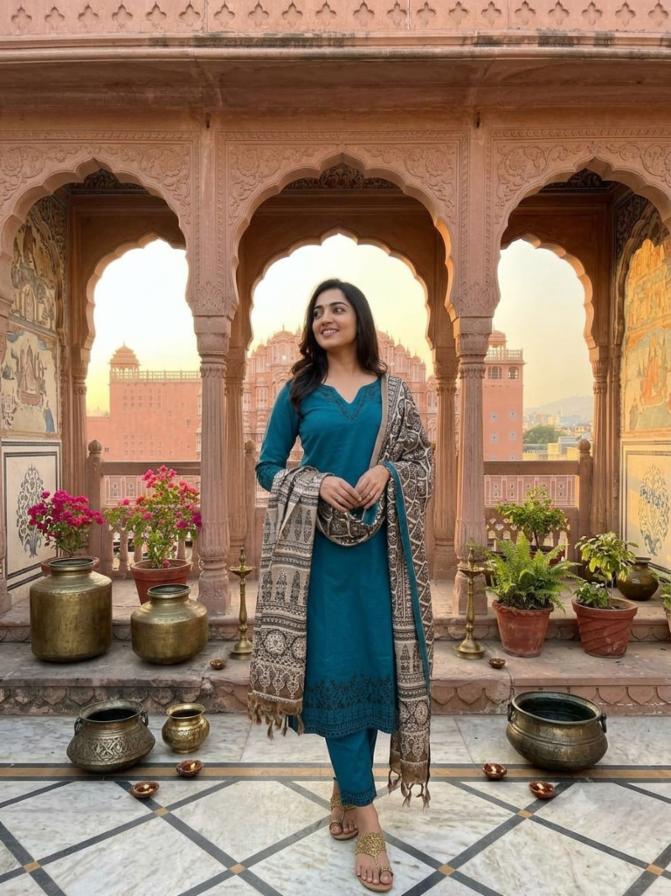 Traditional Teal Blue Cotton Straight Kurta Set with Block Print Dupatta