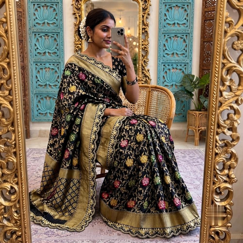 Pure Khaddi Dola Designer Saree with Meenakari Floral and Gold Zari Weaving, Scallop Border, Blouse Piece