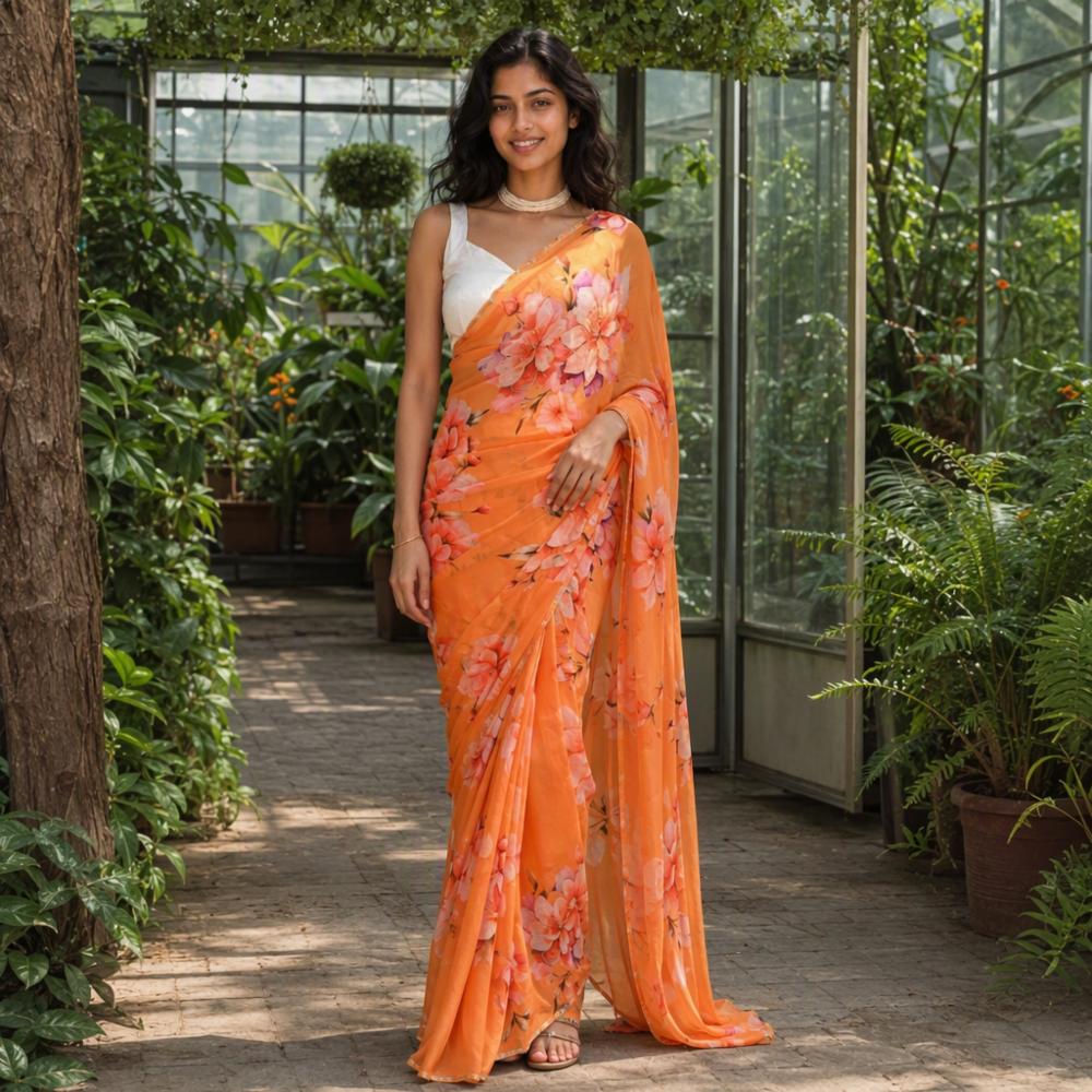Soft Tebi Silk Digital Print Saree with Handwork and Satin Silk Blouse