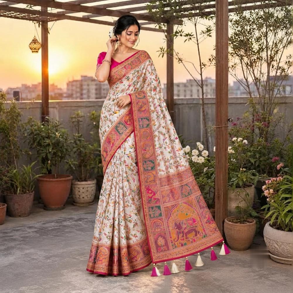 Naylon Viscos Dola Silk Kasmiri Thread Jacquard Weaving Saree with Rich Pallu and Matching Blouse