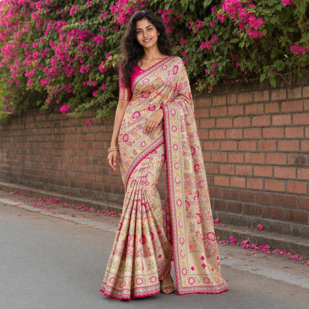 Pure Row Silk Kashmiri Weaving Pashmina Silk Jacquard Meenakari Saree with Blouse Piece