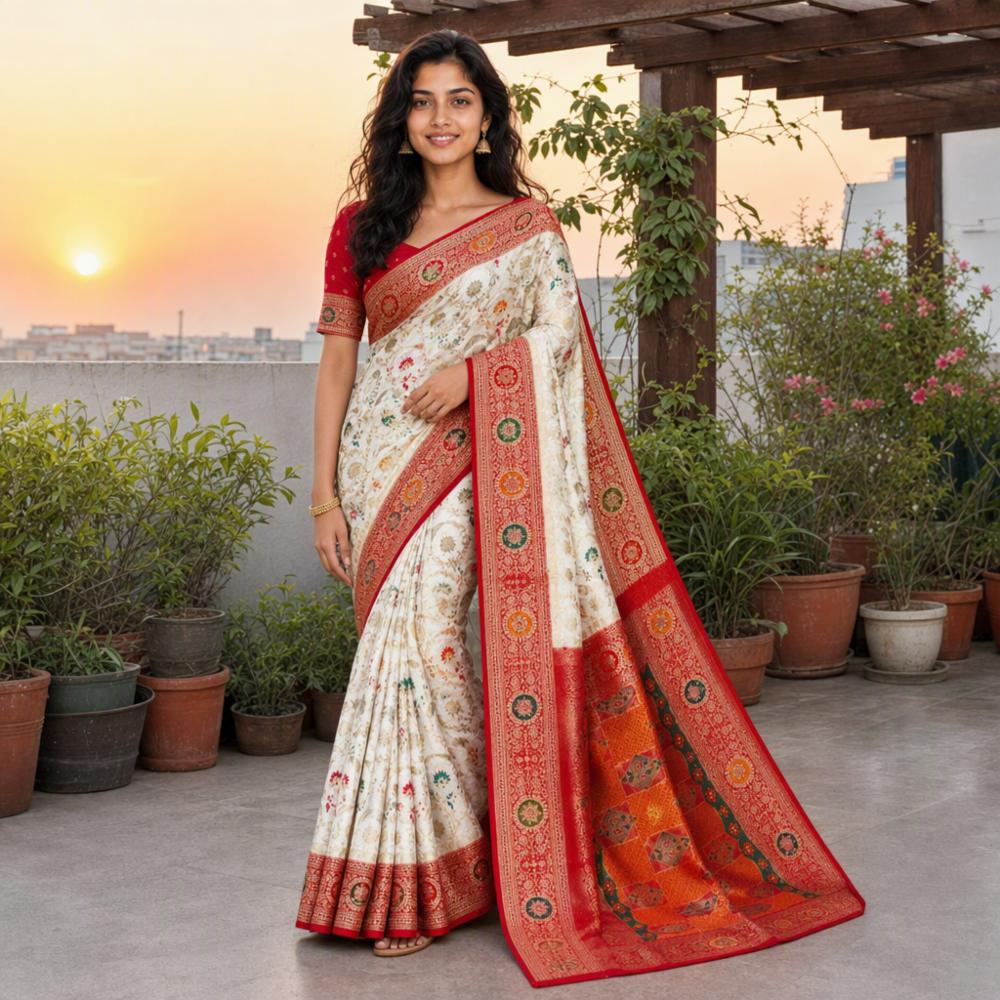 Pure Dola Silk Lakhnavi Meena Jacquard Weaving Saree, White Red Multicolor, Red Blouse