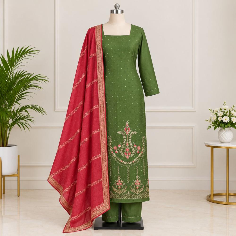 Unstitched Embroidered Cotton Suit with Banarasi Look Dupatta