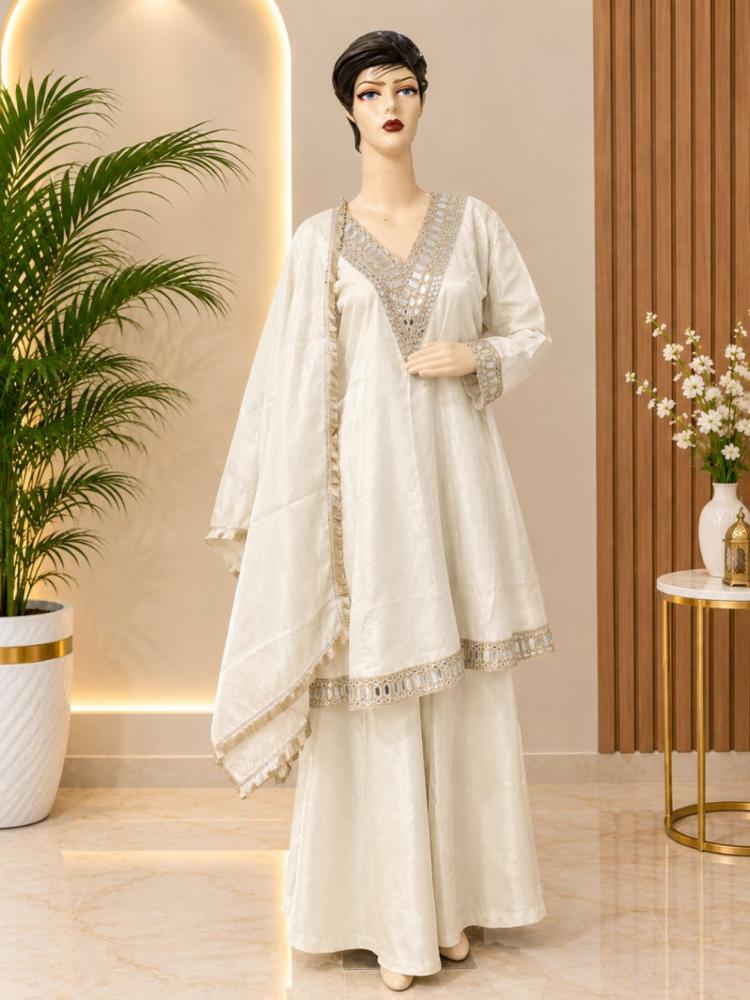 Ready to Wear Stitched Suit in Shiny Gaji Silk with Mirror Work and Dupatta