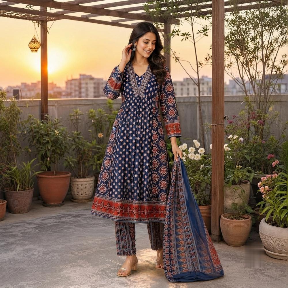 Women Cotton A-Line Kurta Set with Pant and Dupatta 