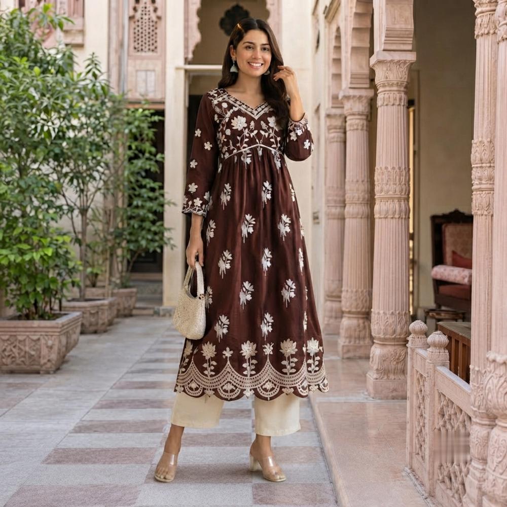 Womenâs Brown Crepe Embroidered Kurta with White Cotton Pants