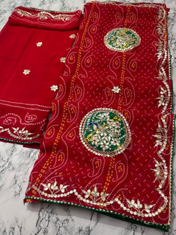 Pure Georgette Viscose Chunri Print Saree with Hand Gotta Patti Work