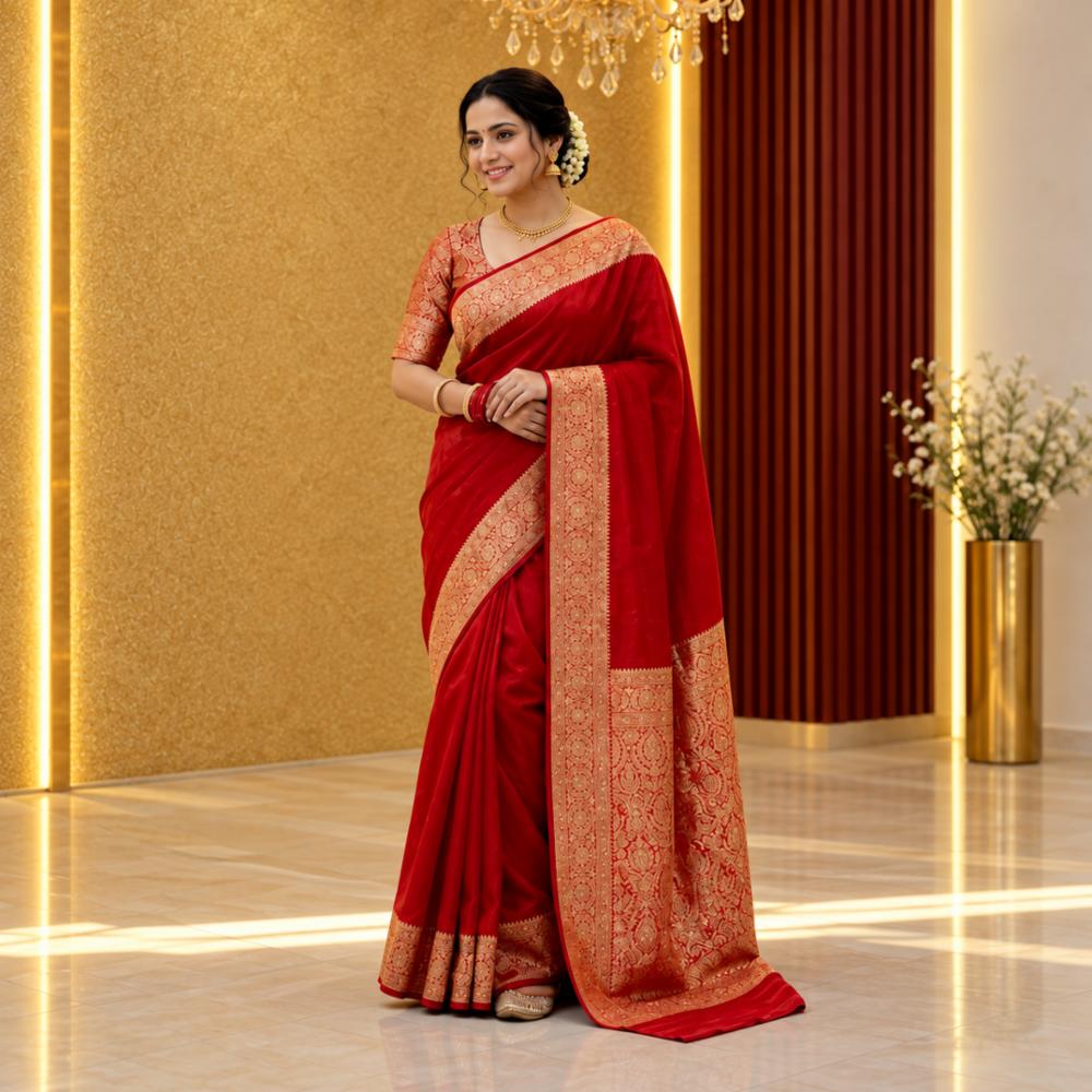 Kanjivaram Cotton Silk Saree with Zari Pallu and Blouse Piece