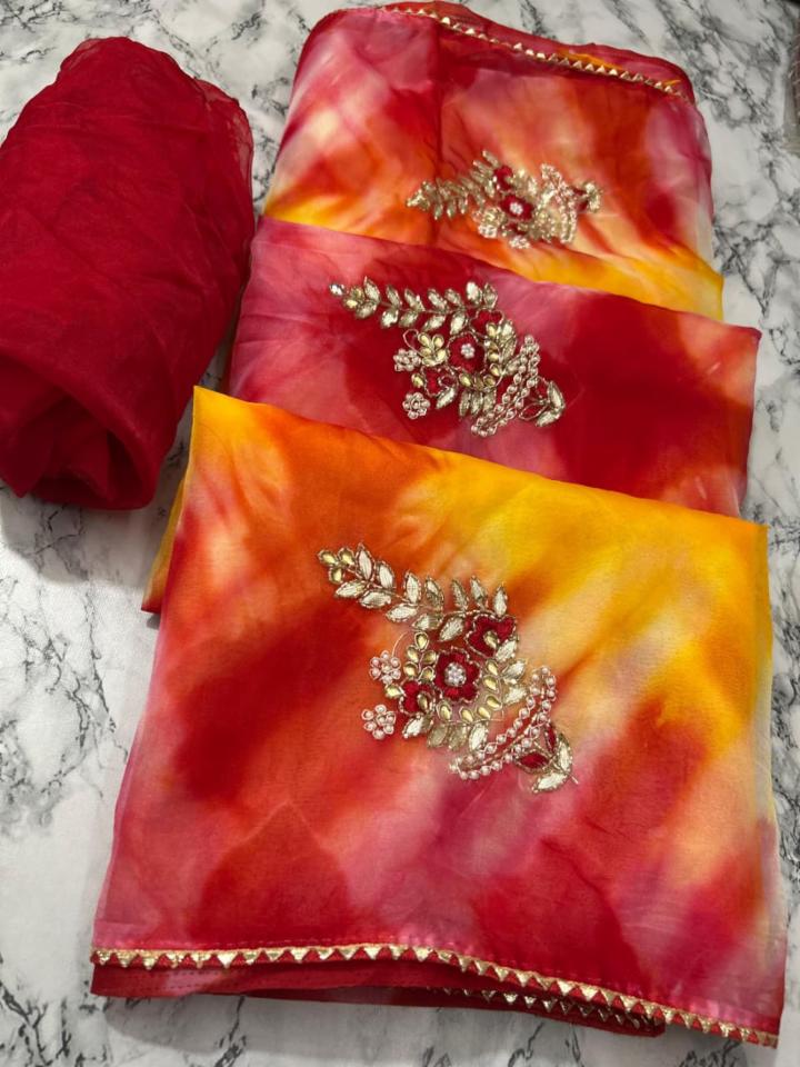 Premium Organza Saree with Jaipuri Shibori Print & Handwork