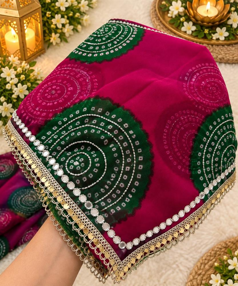 60 GSM Synthetic Georgette Washable Bandhani Saree with Handwork