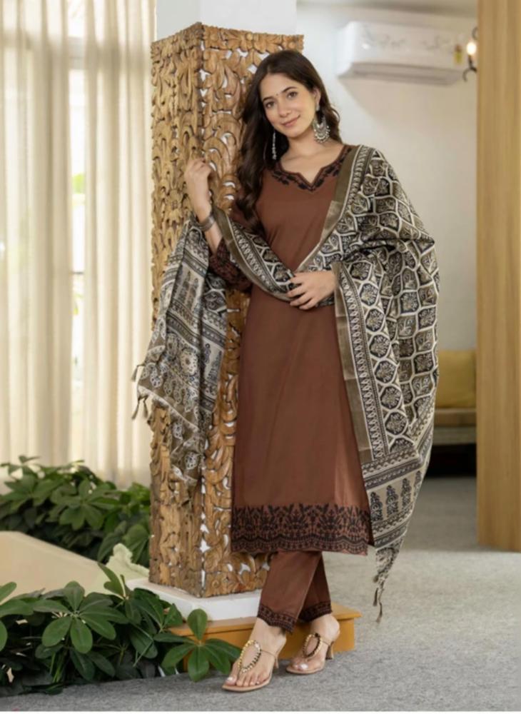 Coffee Printed Cotton Kurta Pant Set with Dupatta