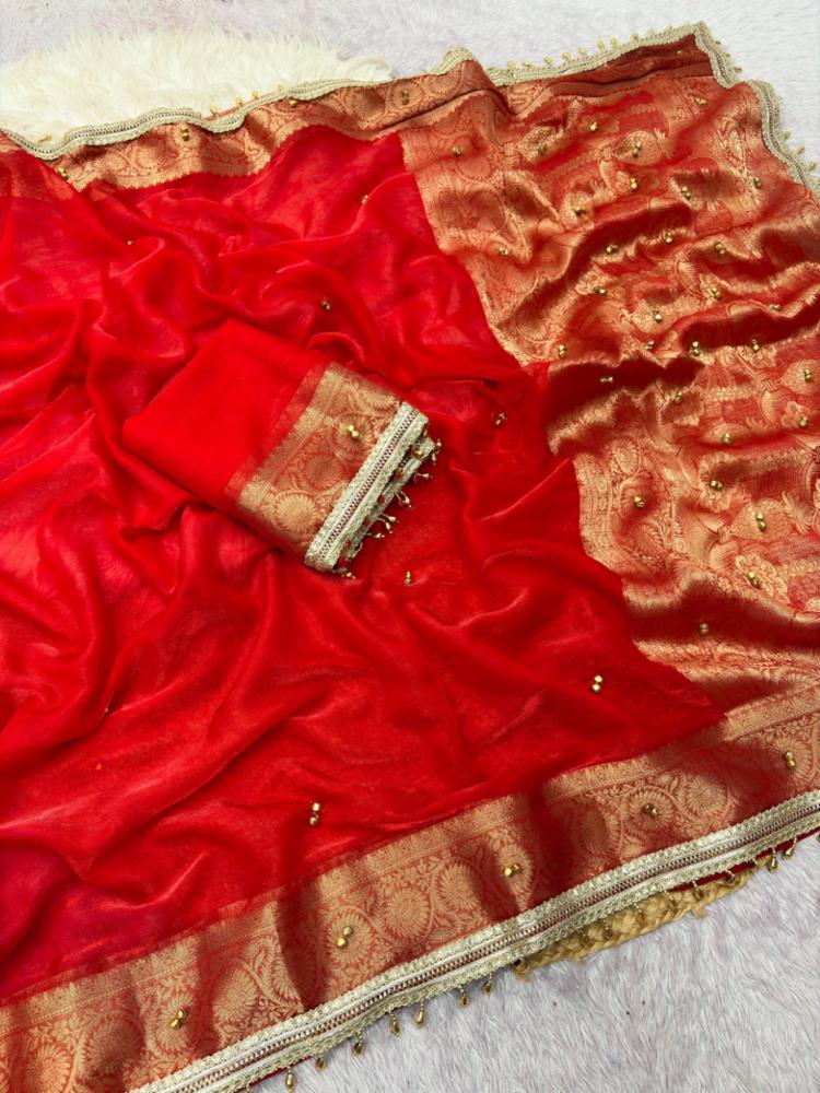 Woven Banarasi Satin Chiffon Silk Saree with Ghunghru Work