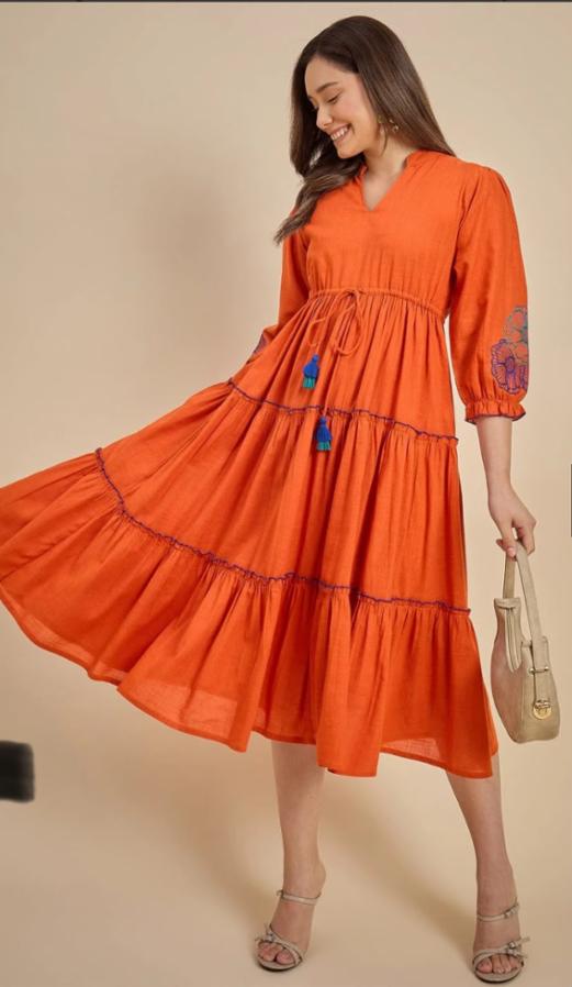Orange Tiered Boho Kurti Dress with Blue Tassel Detail