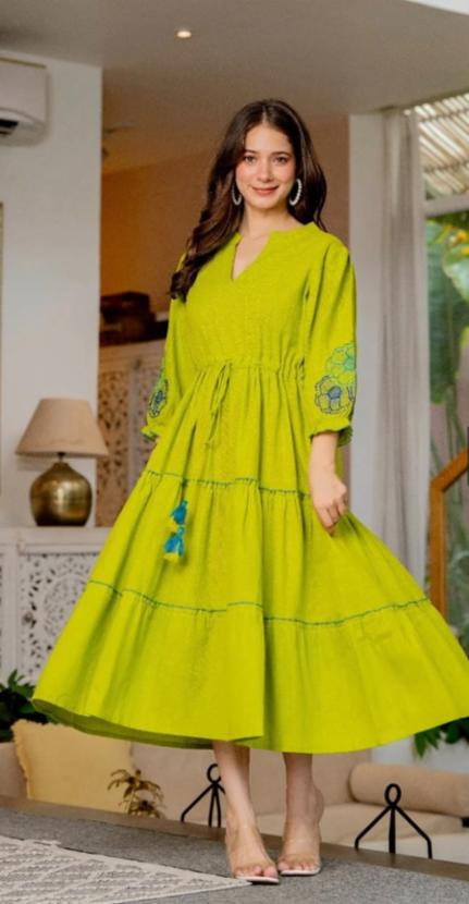 Green Drawstring Tiered Ethnic Dress