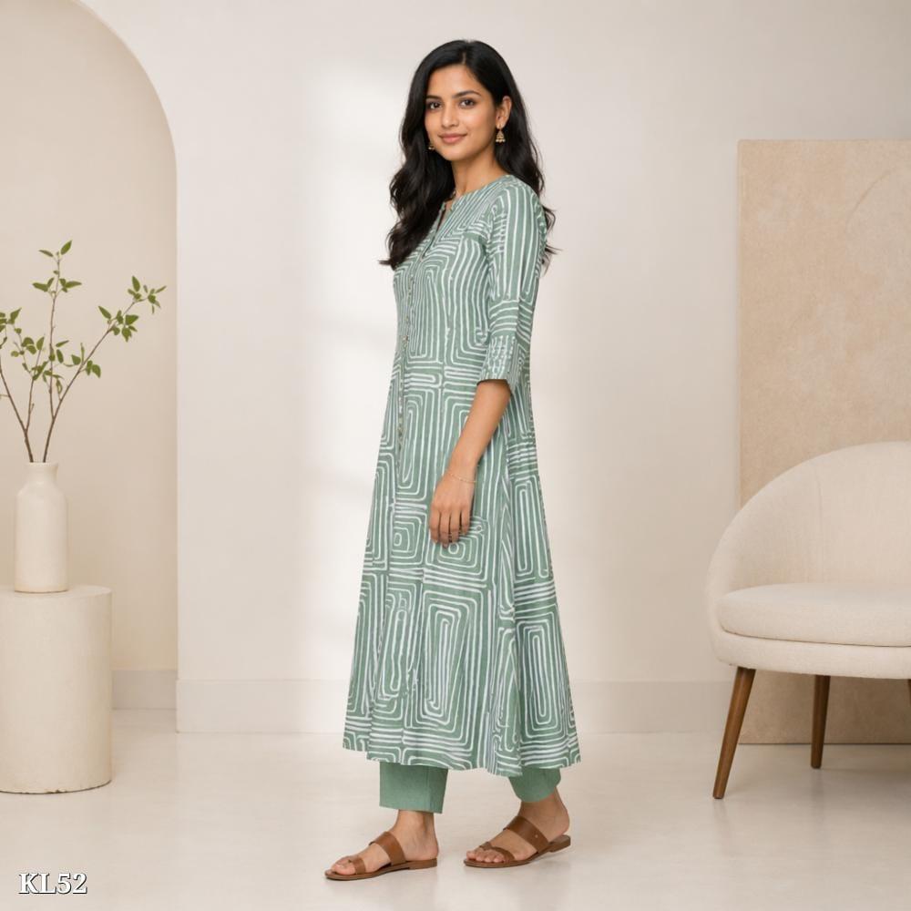 Sage Green Geometric Front-Button Kurta with Pants