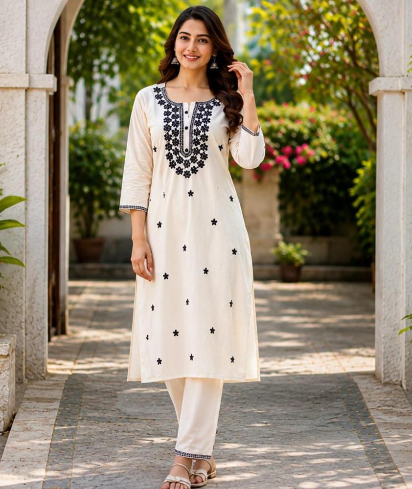 Women's Off-White Floral Embroidered Straight Kurta with Pants Set