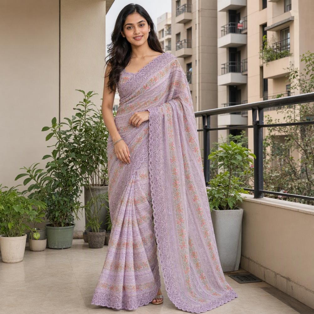 Pastel Lavender Floral Embroidered Saree with Unstitched Blouse