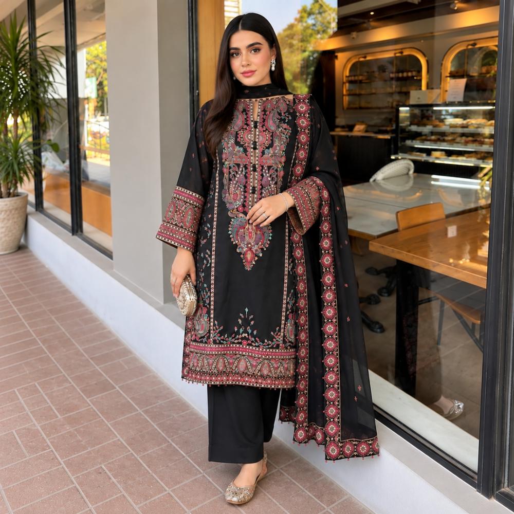 Pakistani Pure Cotton Embroidered 3 Piece Suit with Embroidered Dupatta