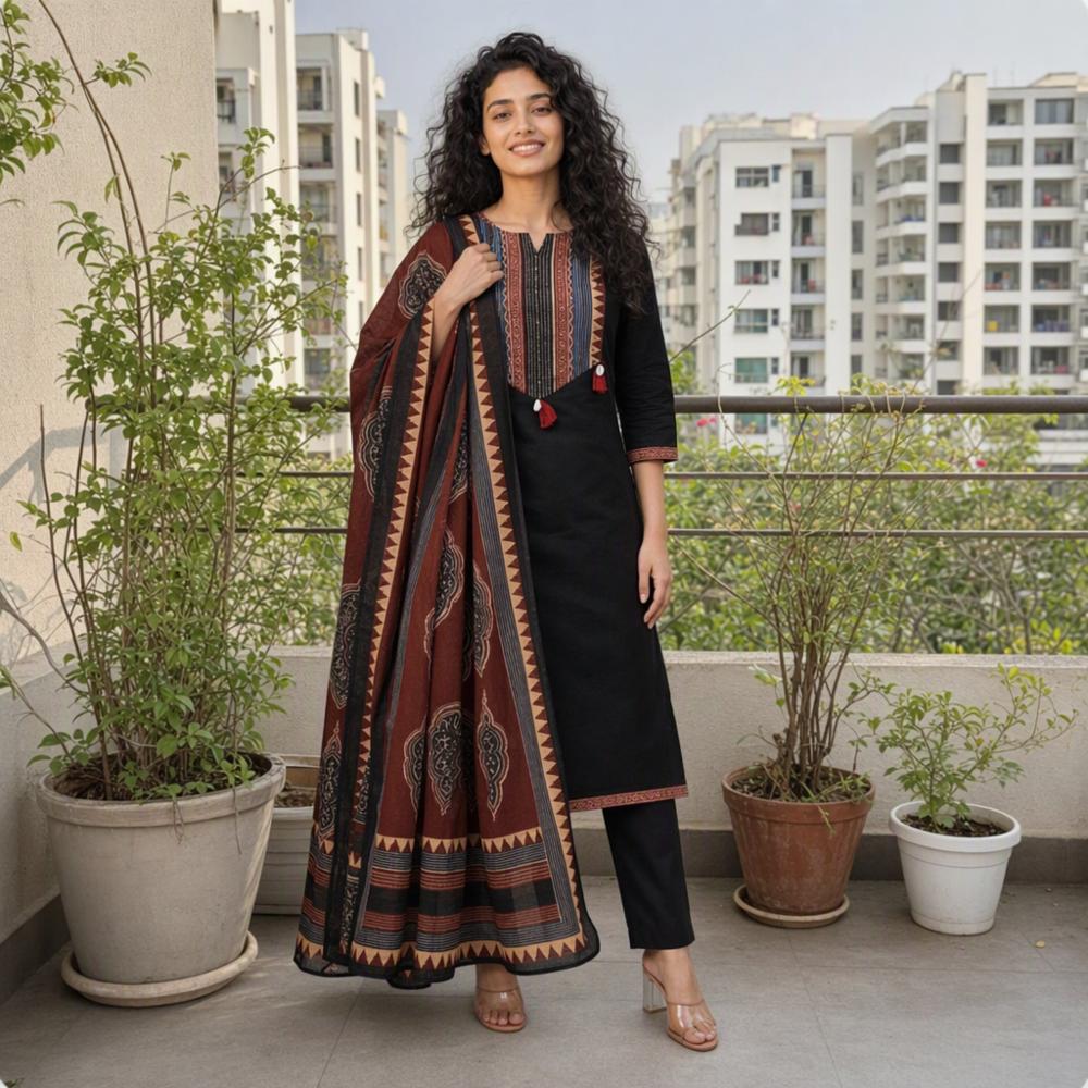 Womenâs Cotton Slub Kurta, Pant & Dupatta Set 