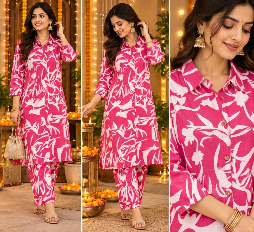 Women's Pink & White Pure Cotton A-Line Kurta with Matching Pants - XXL