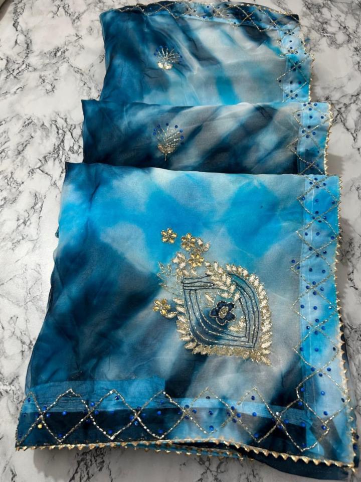 Organza Fabric Shibori Print Saree with Fancy Handwork and Blouse Piece