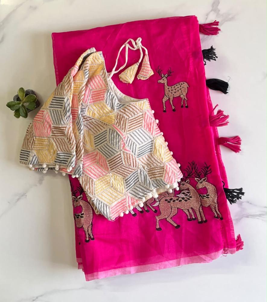 Chanderi Silk Saree with Stitched Khadi Embroidered Blouse