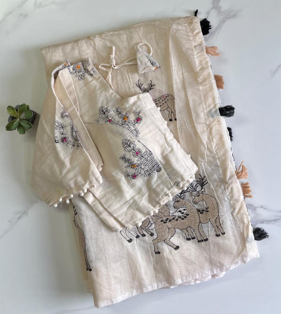 Chanderi Silk Saree with Stitched Khadi Embroidered Blouse