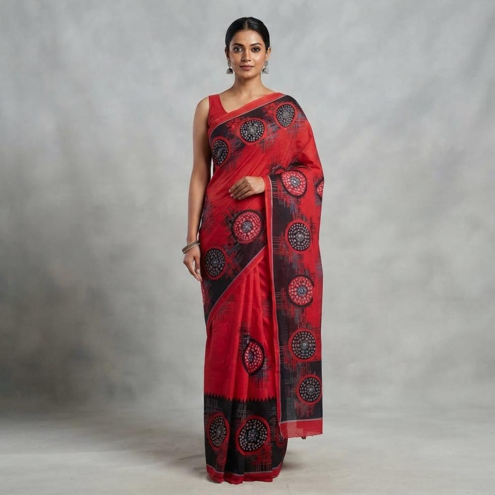 Designer Red Cotton Saree Without Blouse