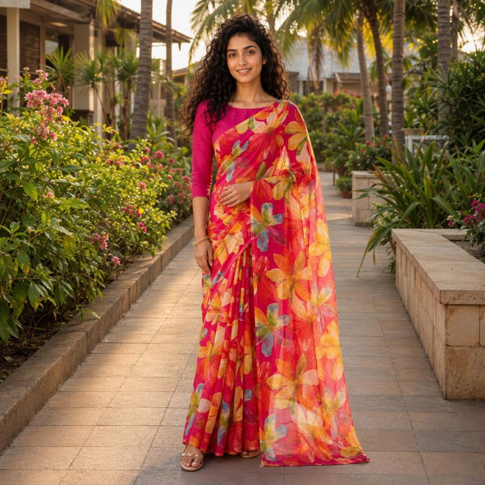 New Designer Pink Floral Printed Georgette Saree with Matching Blouse