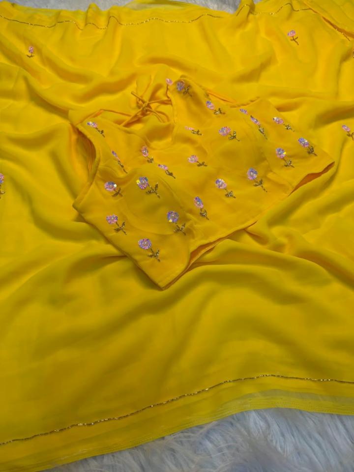 Premium Yellow Georgette Saree with Cut dana & Sequin Work and Stitched Blouse