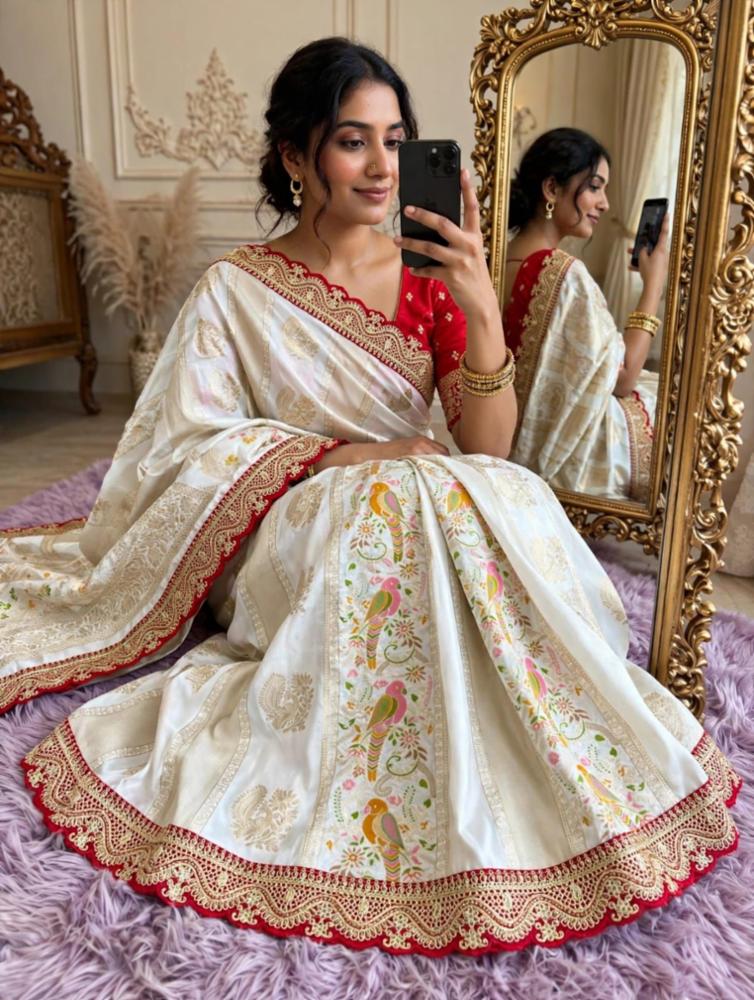Pure Khaddi Georgette and Dola White Saree with Red Blouse Piece
