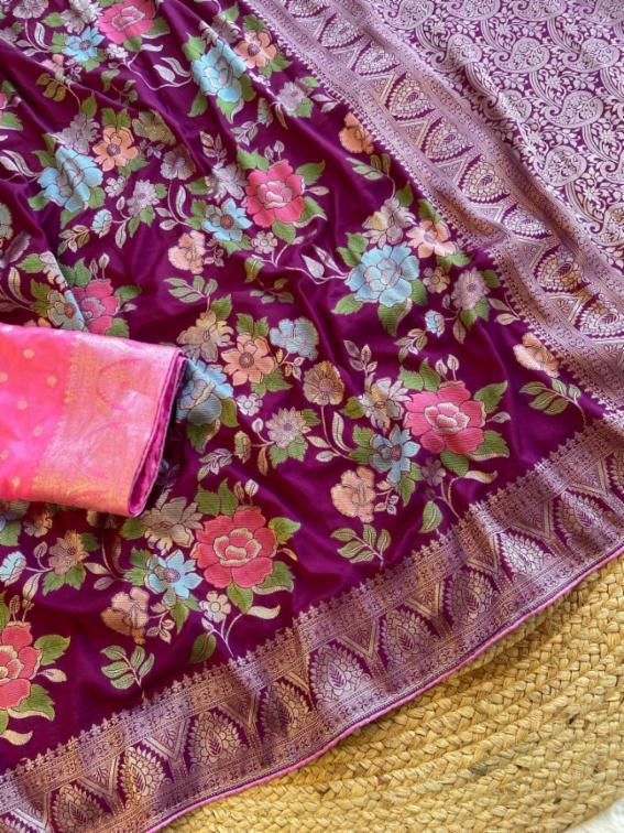 Pure Khadi Crepe Georgette Saree with Meenakari Weaving and Contrast Blouse