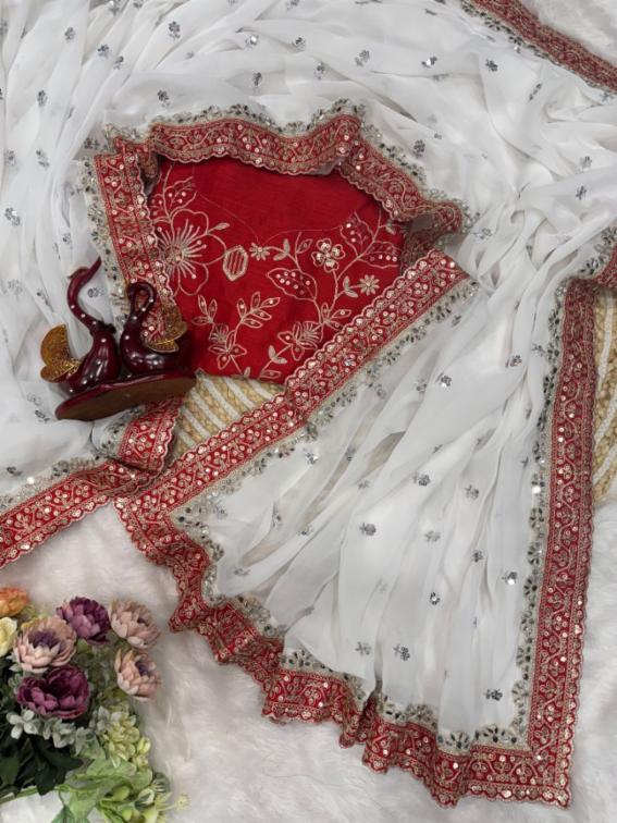 Premium White Pure Georgette Saree with Red Embroidered Border, Sequins & Mirror Work