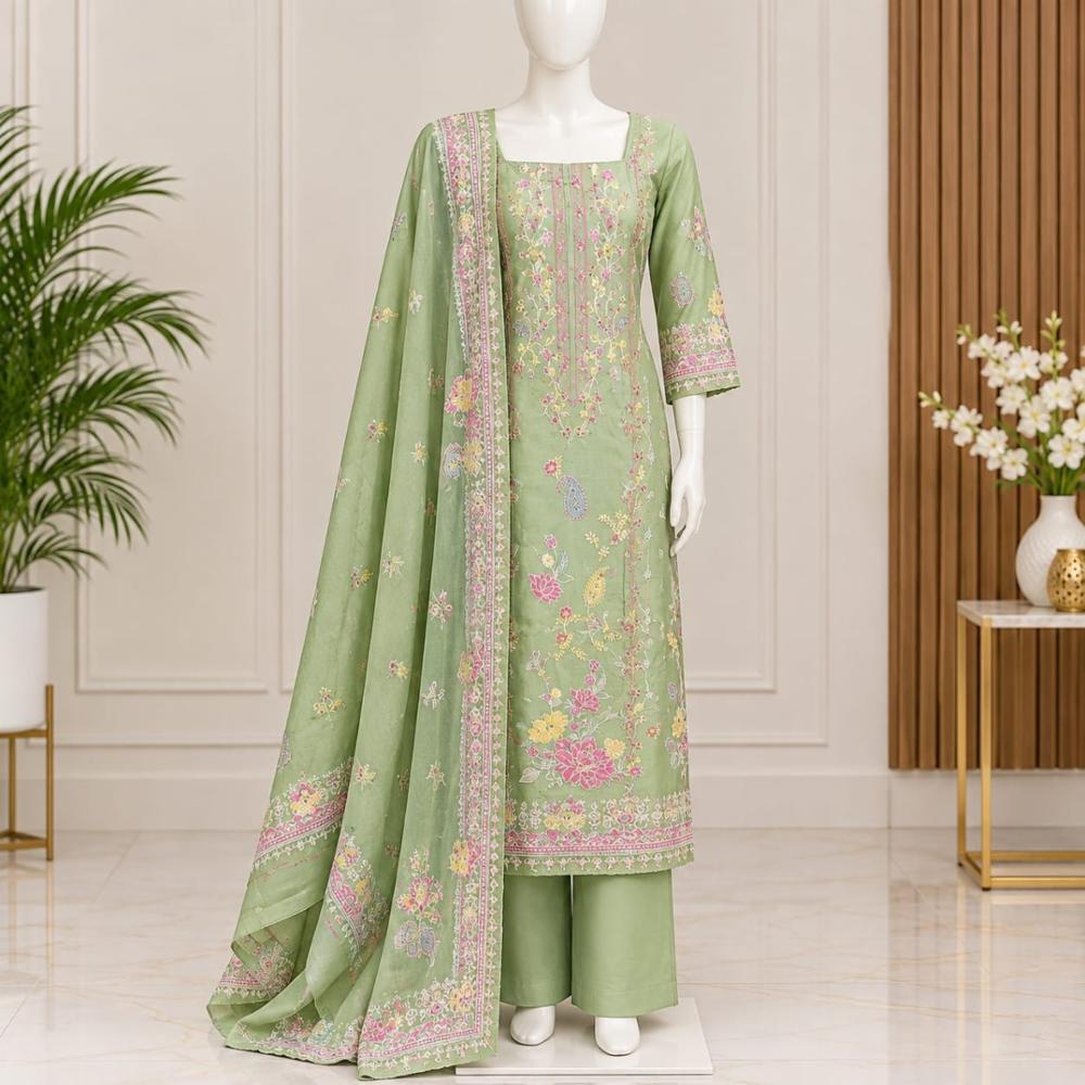 Cotton Unstitched Suit with Aari Work and Printed Dupatta