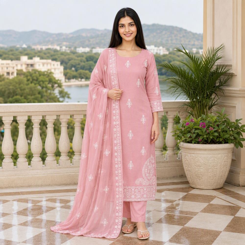 Cotton Embroidery Unstitched Suit with Chiffon Dupatta